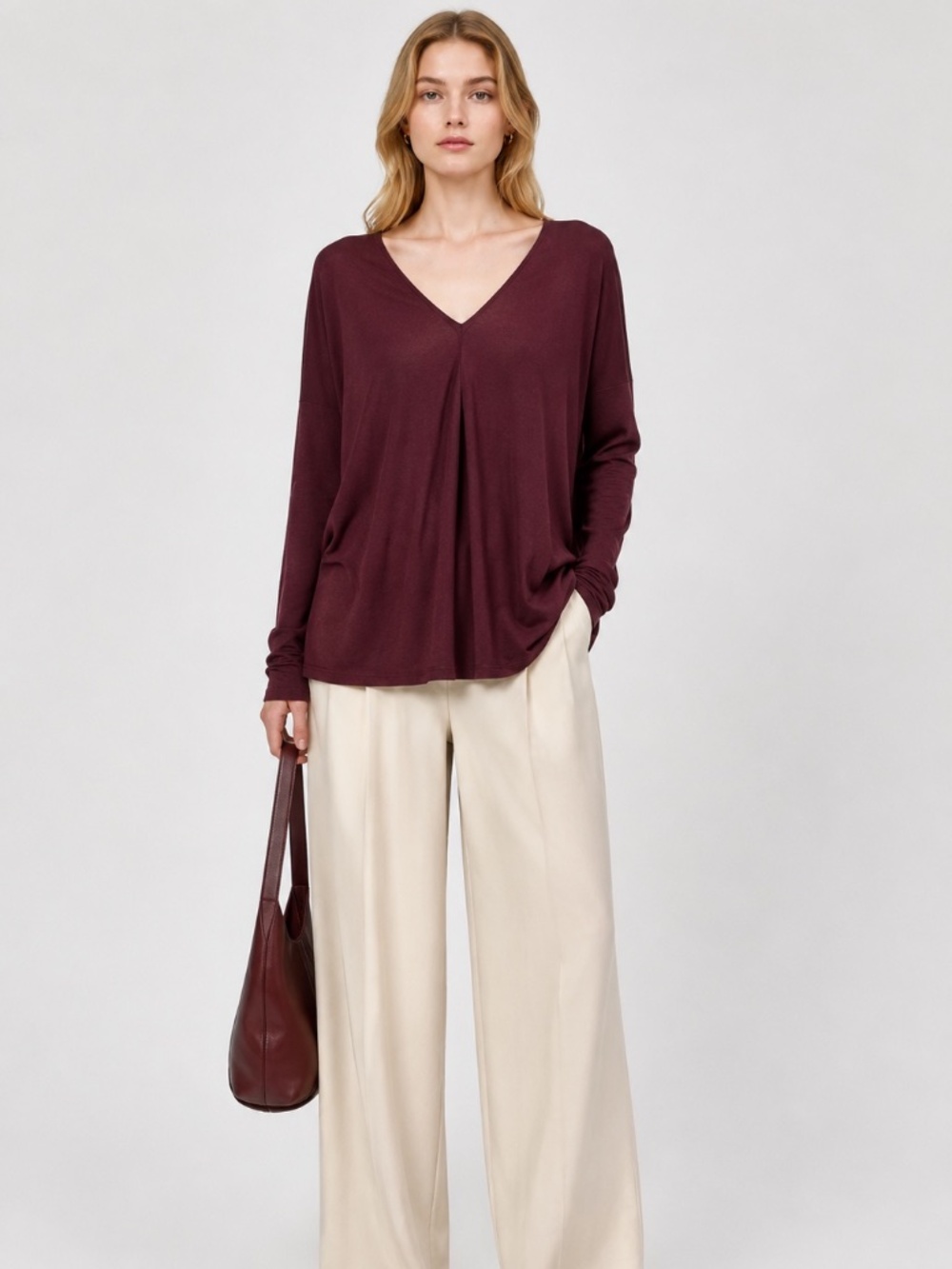 Vince. | S |  Burgundy Double V-Neck Long Sleeve Lightweight Top